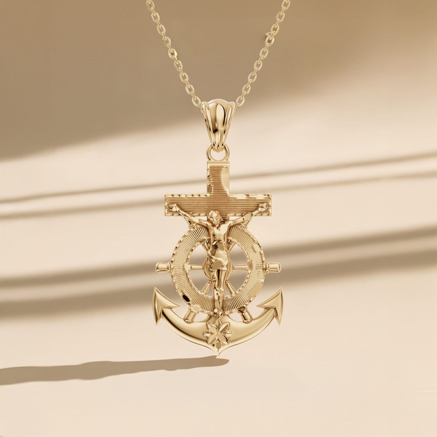 14K Yellow Gold Mariner's Crucifix Anchor Cross Pendant