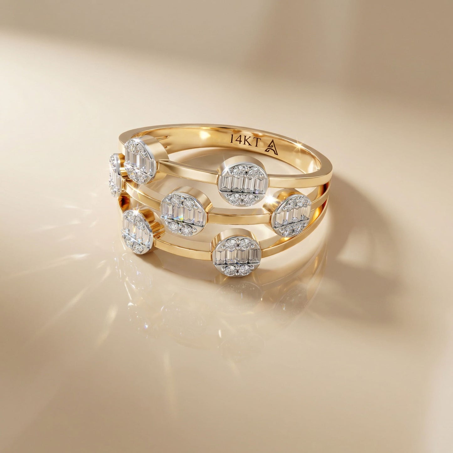 14K Yellow Gold Baguette & Round Natural Diamonds Ring