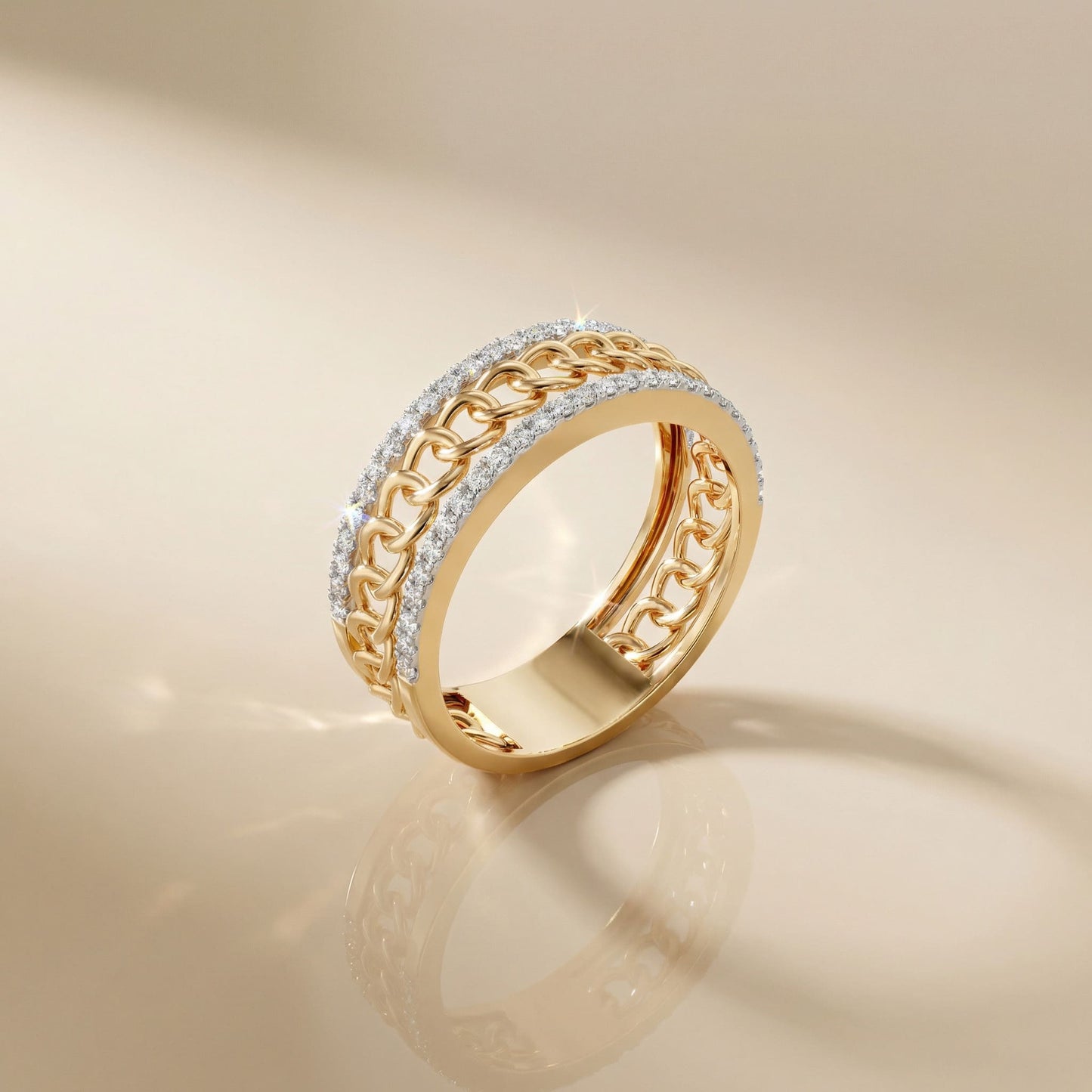 14K Yellow Gold Round-Cut Natural Diamonds Chain Link Ring