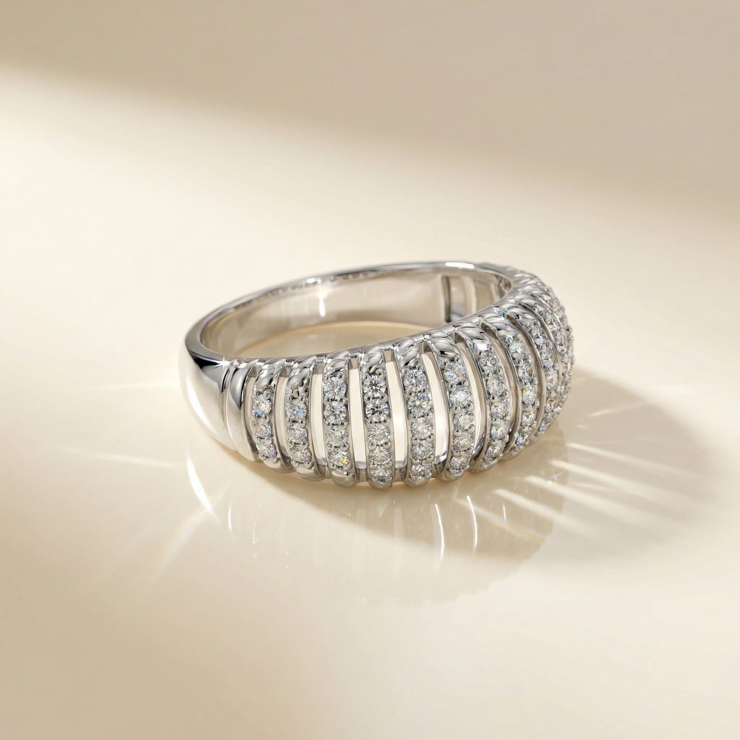 14K White Gold Pavé Natural Diamonds Ribbed Dome Ring