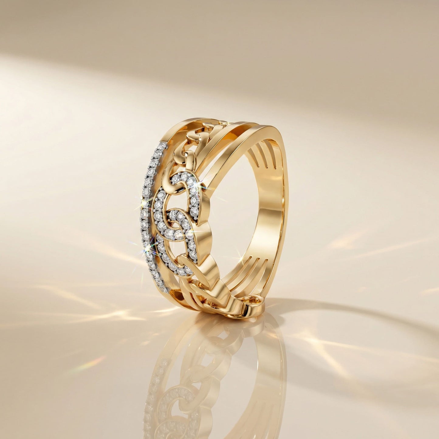 14K Yellow Gold Pavé Natural Diamonds Chain-Link Ring