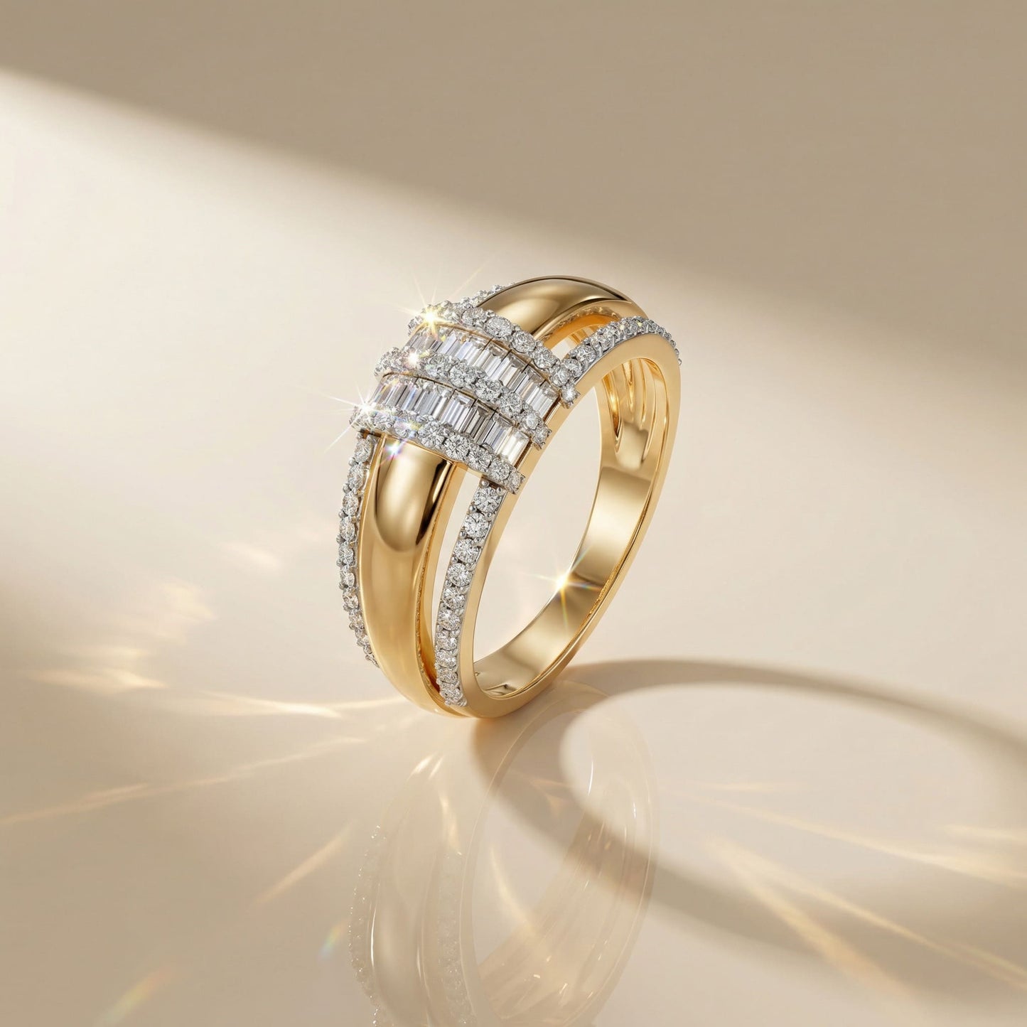 14K Yellow Gold Baguette & Round-Cut Natural Diamonds Bold Statement Ring