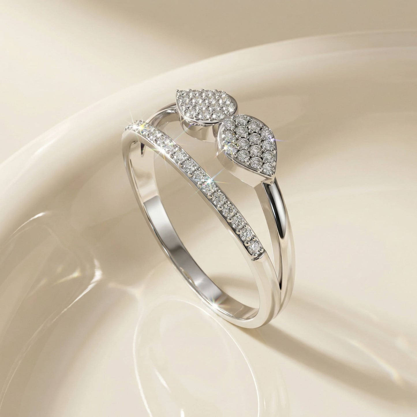 14K White Gold Pear-Shaped Natural Diamonds Double Band Minimalist Ring