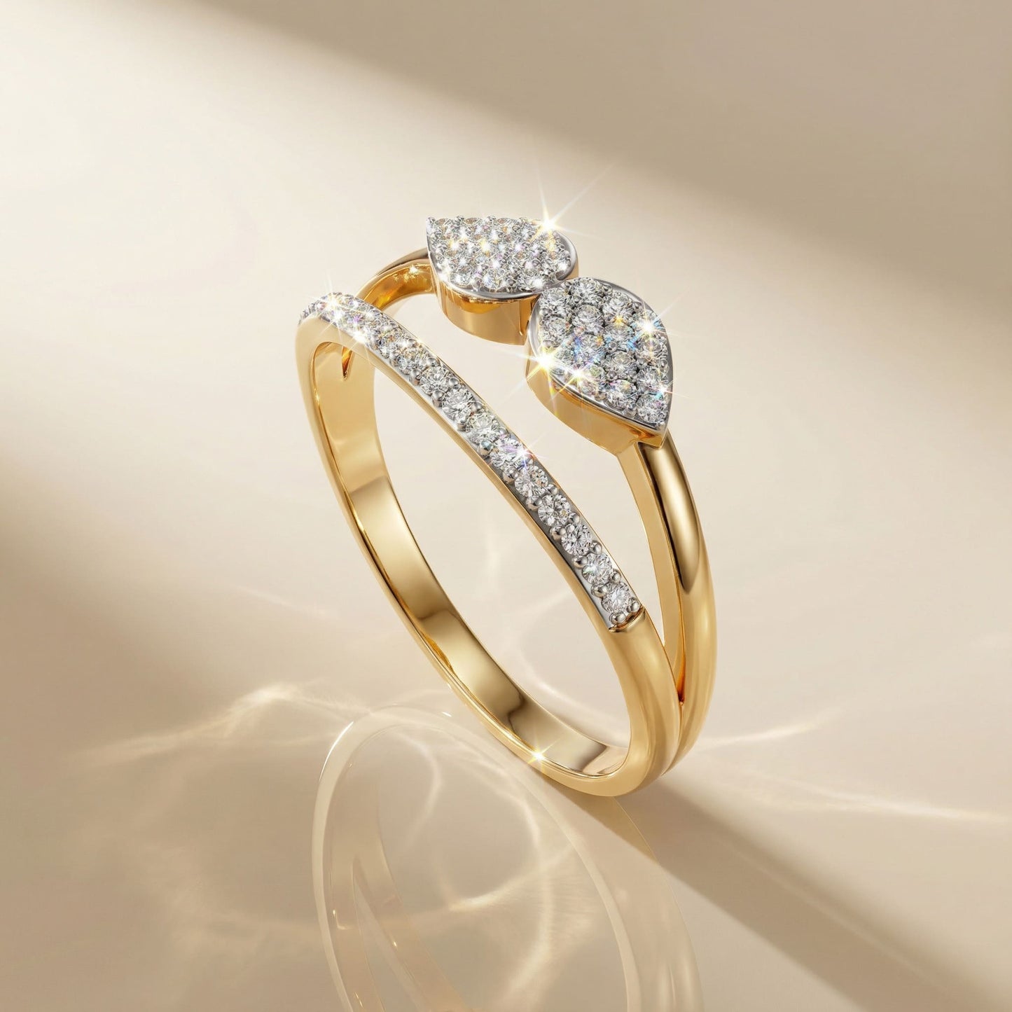 14K Yellow Gold Pear-Shaped Natural Diamonds Double Band Minimalist Ring