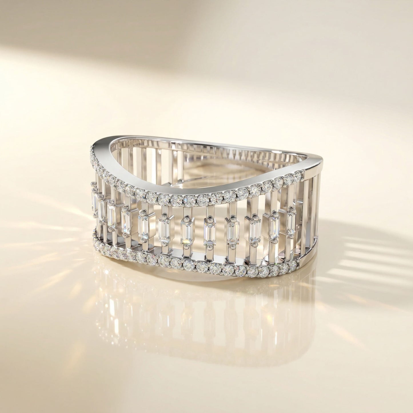 14K White Gold Natural Diamonds Baguette Statement Ring