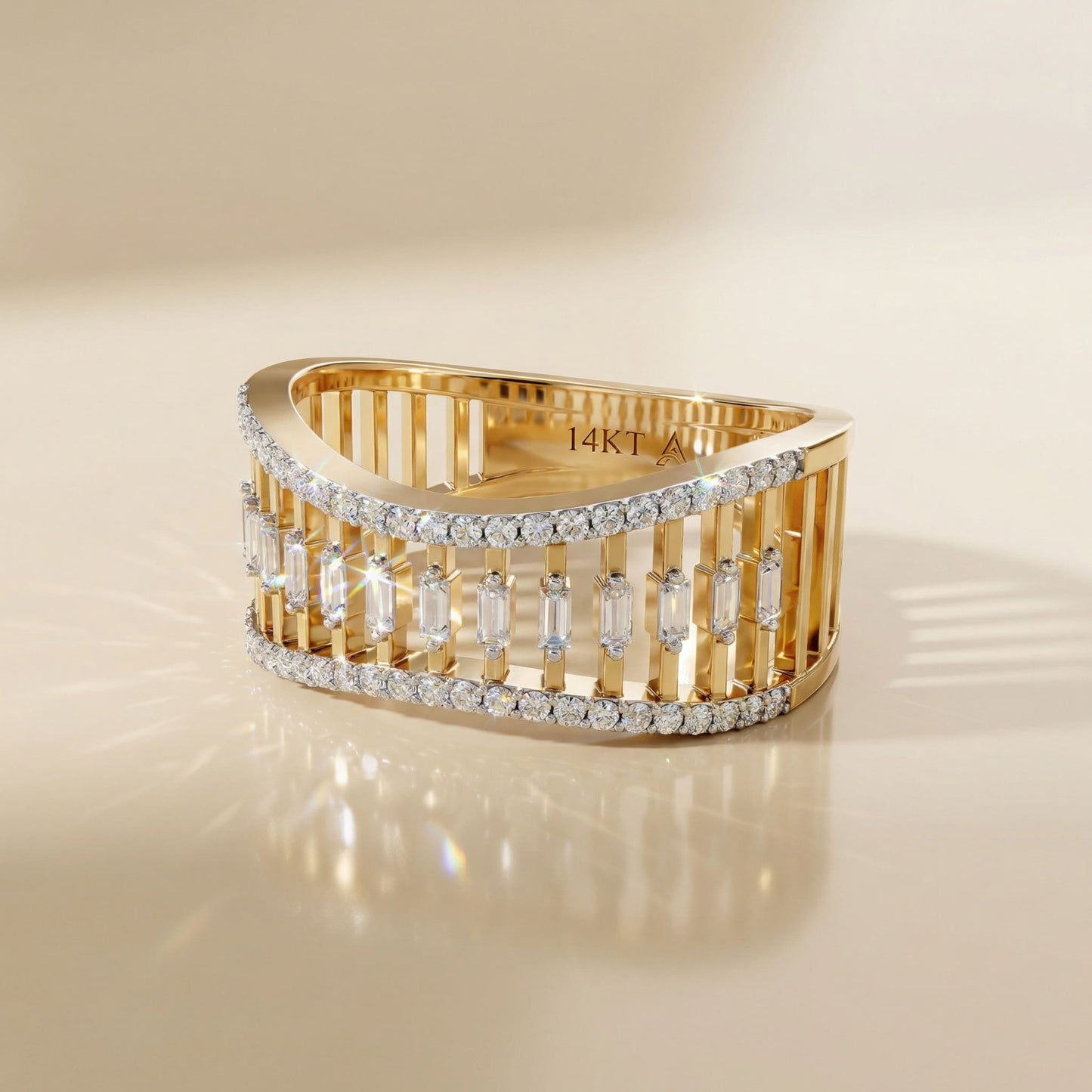 14K Yellow Gold Natural Diamonds Baguette Statement Ring