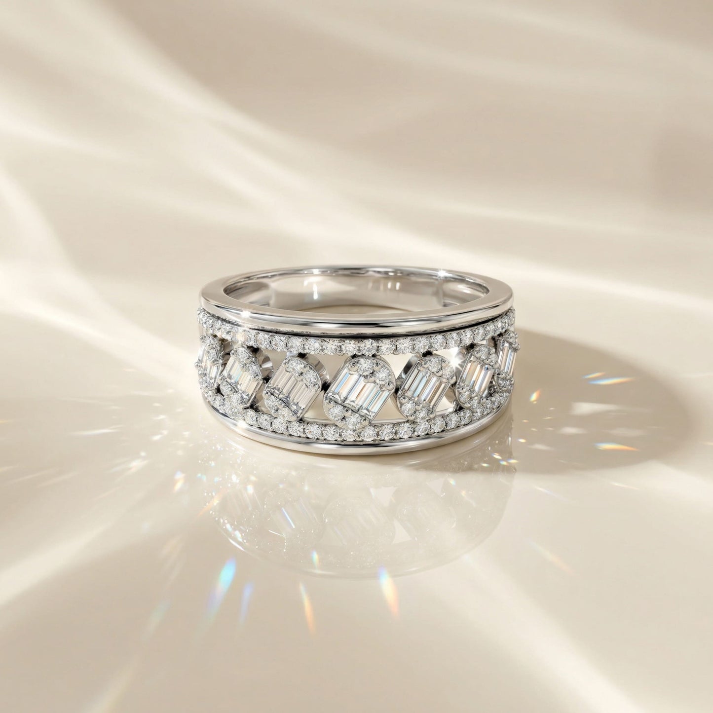 14K White Gold Natural Diamonds Baguette and Round-Cut Statement Ring