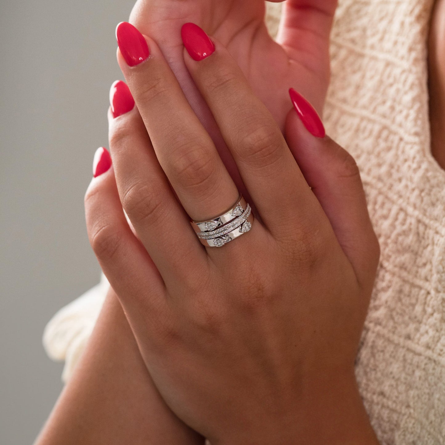 14K White Gold Natural Diamonds Baguette and Pavé Statement Ring