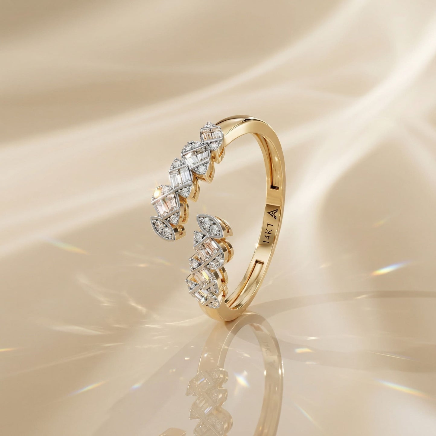 14K Yellow Gold Natural Diamonds Open Leaf Baguette Ring