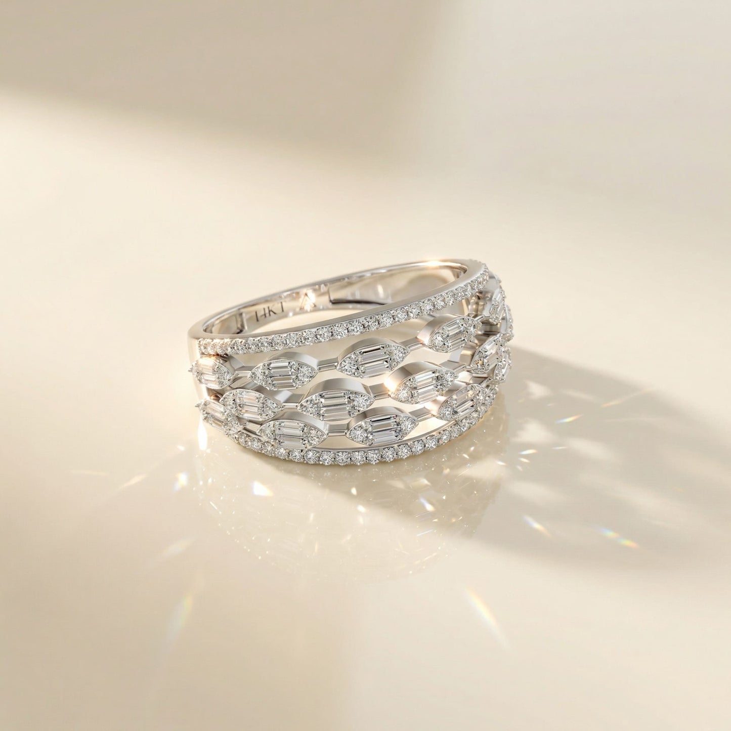 14K White Gold Baguette & Round Natural Diamonds Ring
