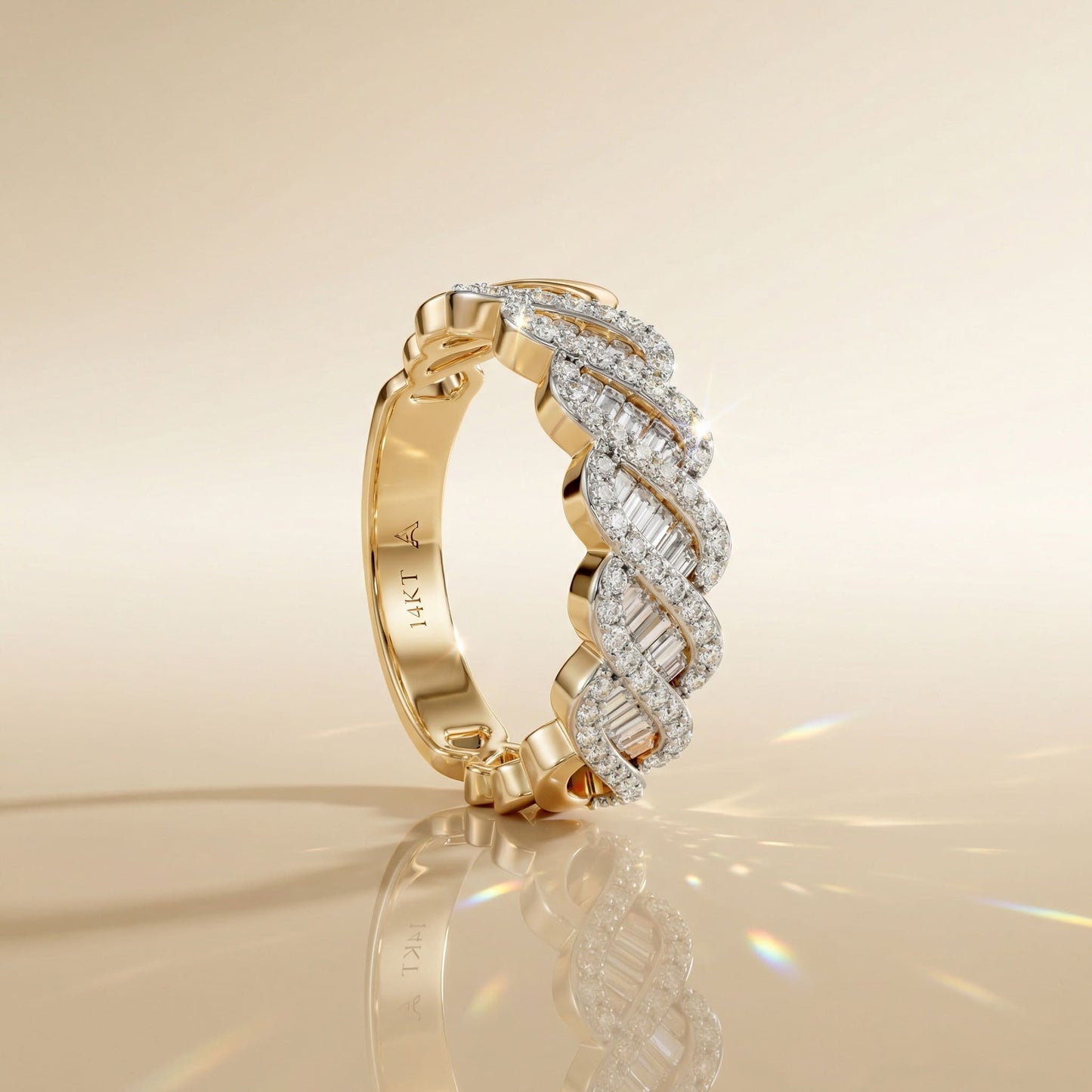 14K Yellow Gold Natural Diamonds Braided Baguette Ring