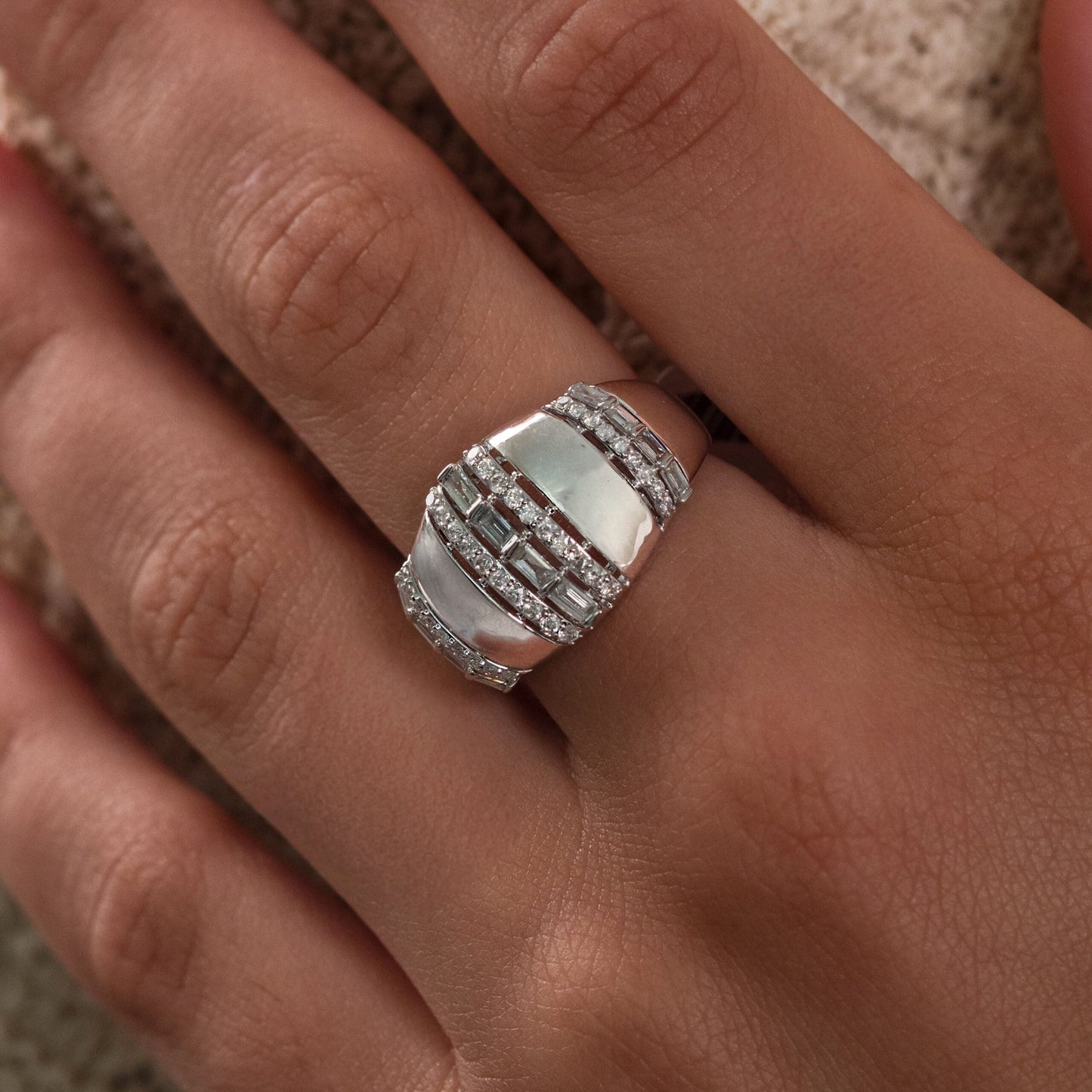 14K White Gold Natural Diamonds Baguette Bold Statement Ring