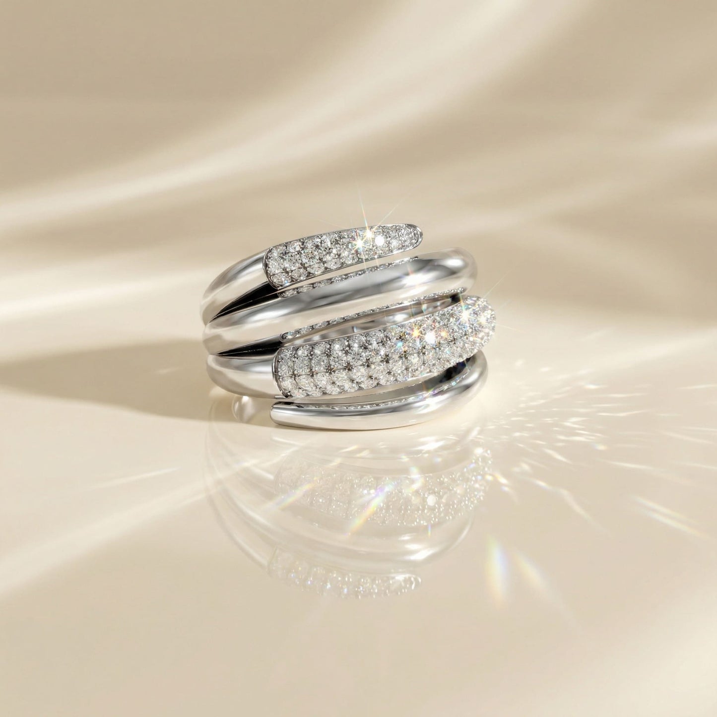 14K White Gold Natural Diamonds Multi-Band Pavé Statement Ring