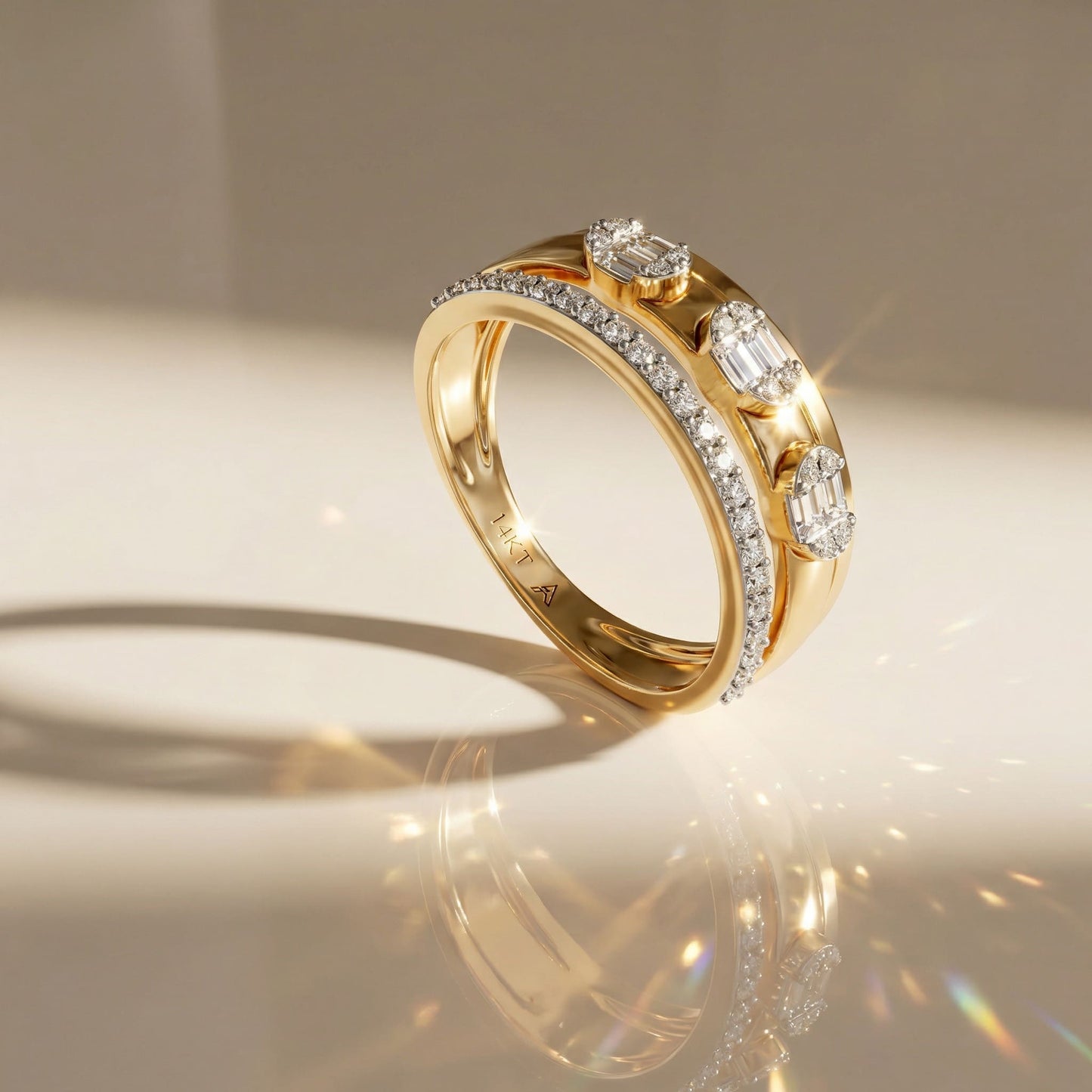 14K Yellow Gold Baguette & Round-Cut Natural Diamonds Modern Ring