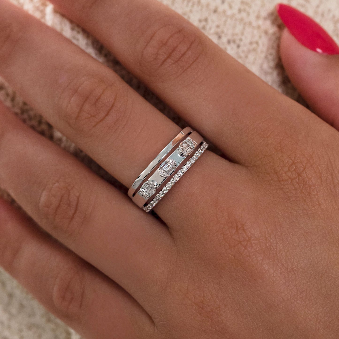 14K White Gold Baguette & Round-Cut Natural Diamonds Ring