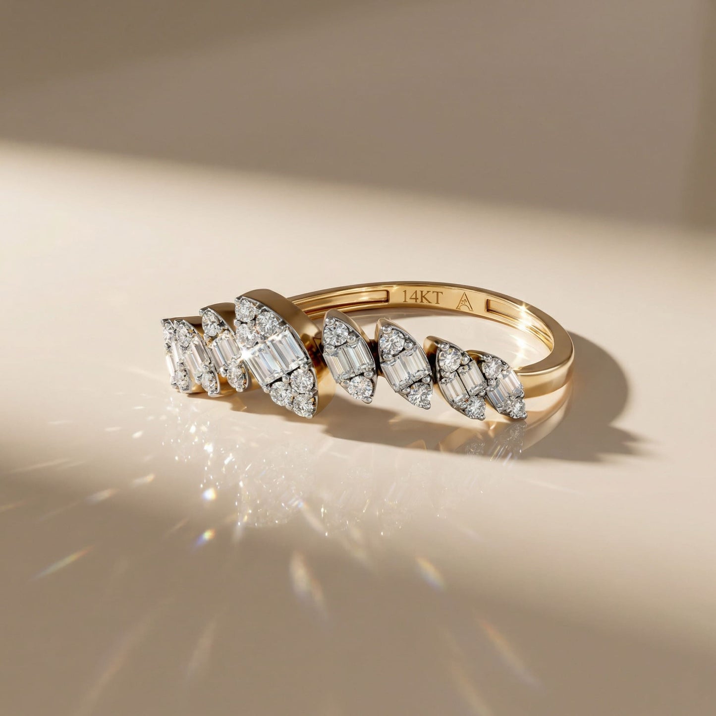 14K Yellow Gold Baguette & Round-Cut Natural Diamonds Nature Inspired Ring