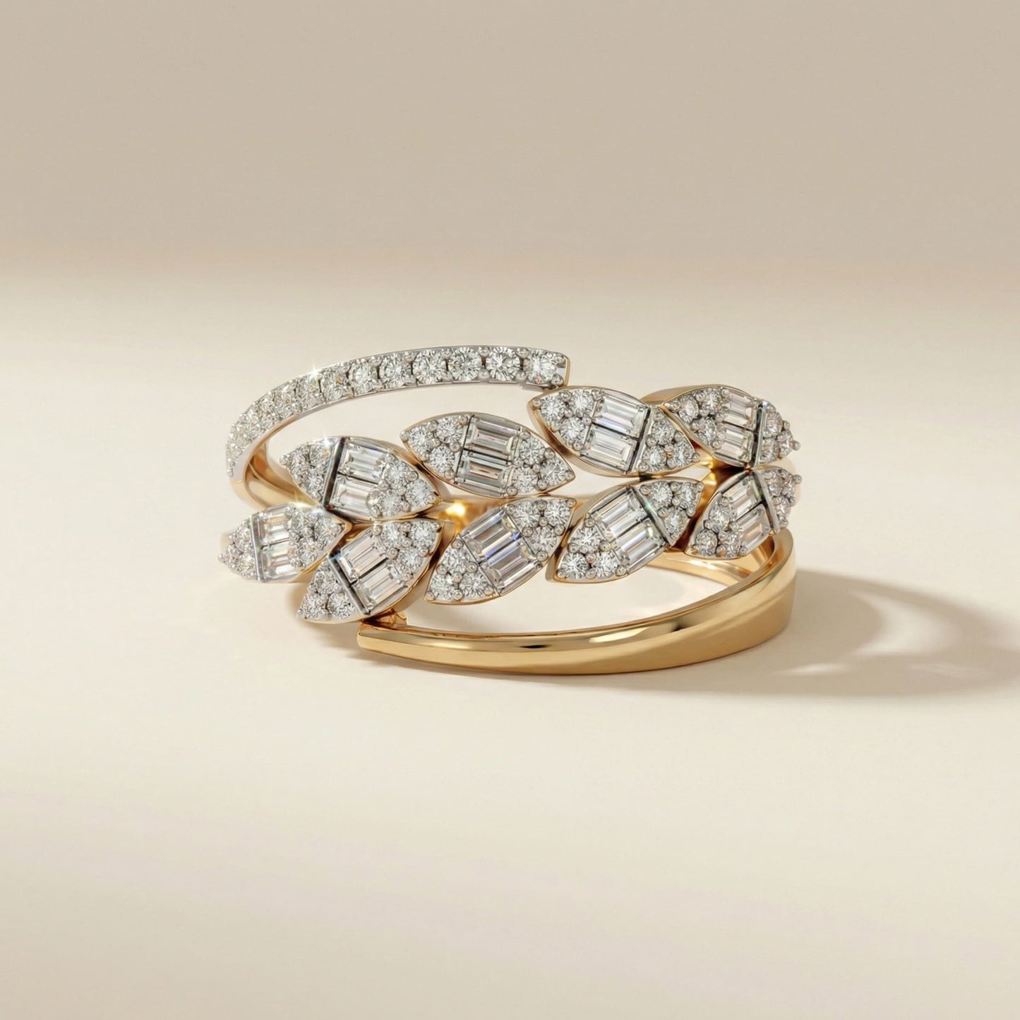 14K Yellow Gold Baguette & Round-Cut Natural Diamonds Leaf Statement Ring