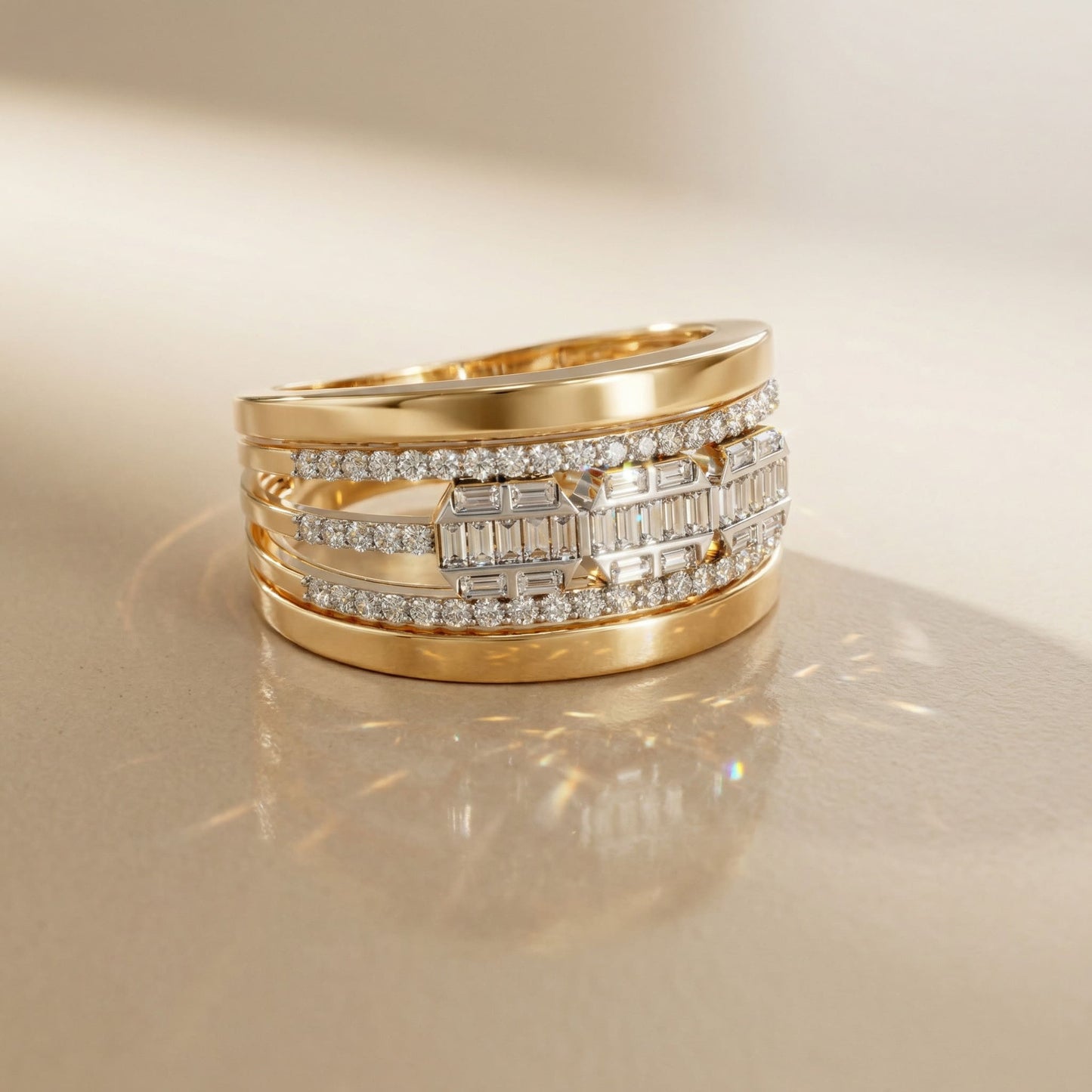 14K Yellow Gold Natural Diamonds Baguette and Round-Cut Statement Ring