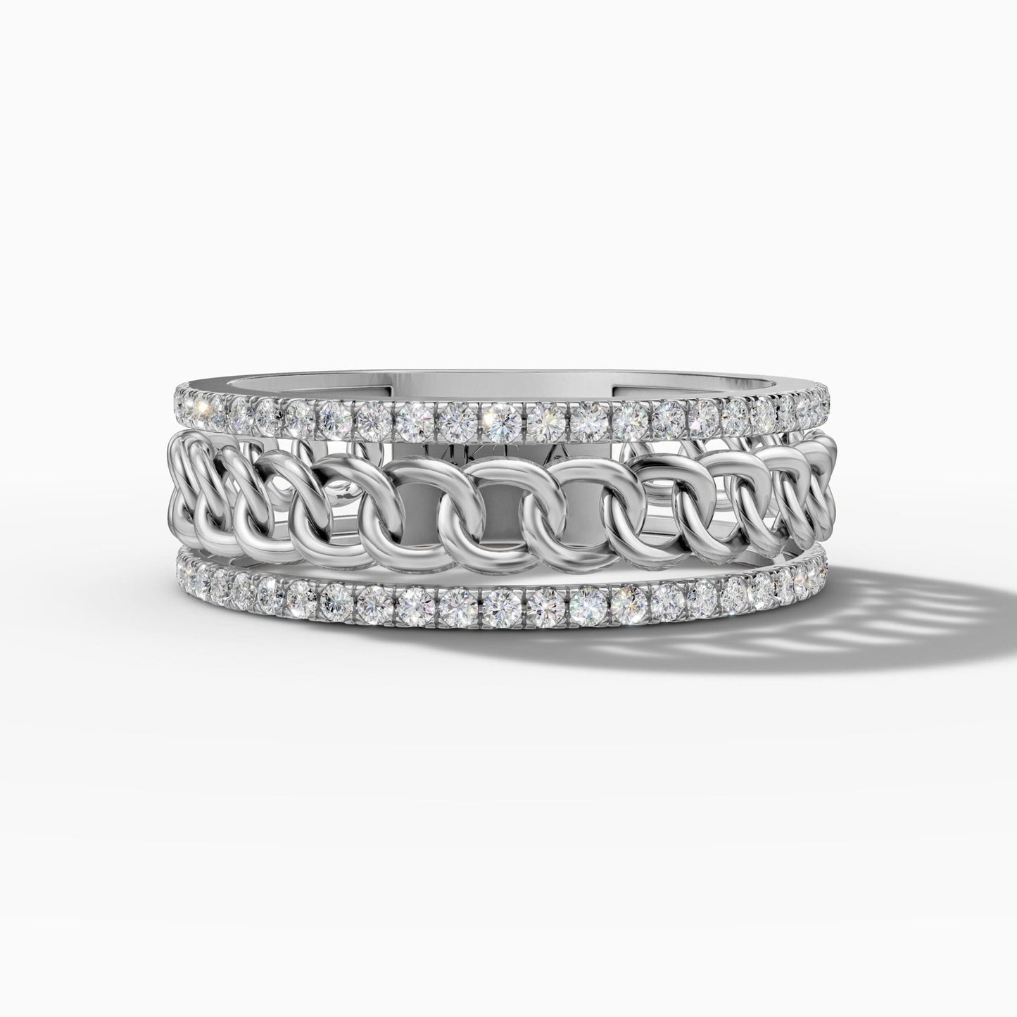 14K White Gold Round-Cut Natural Diamonds Chain Link Ring