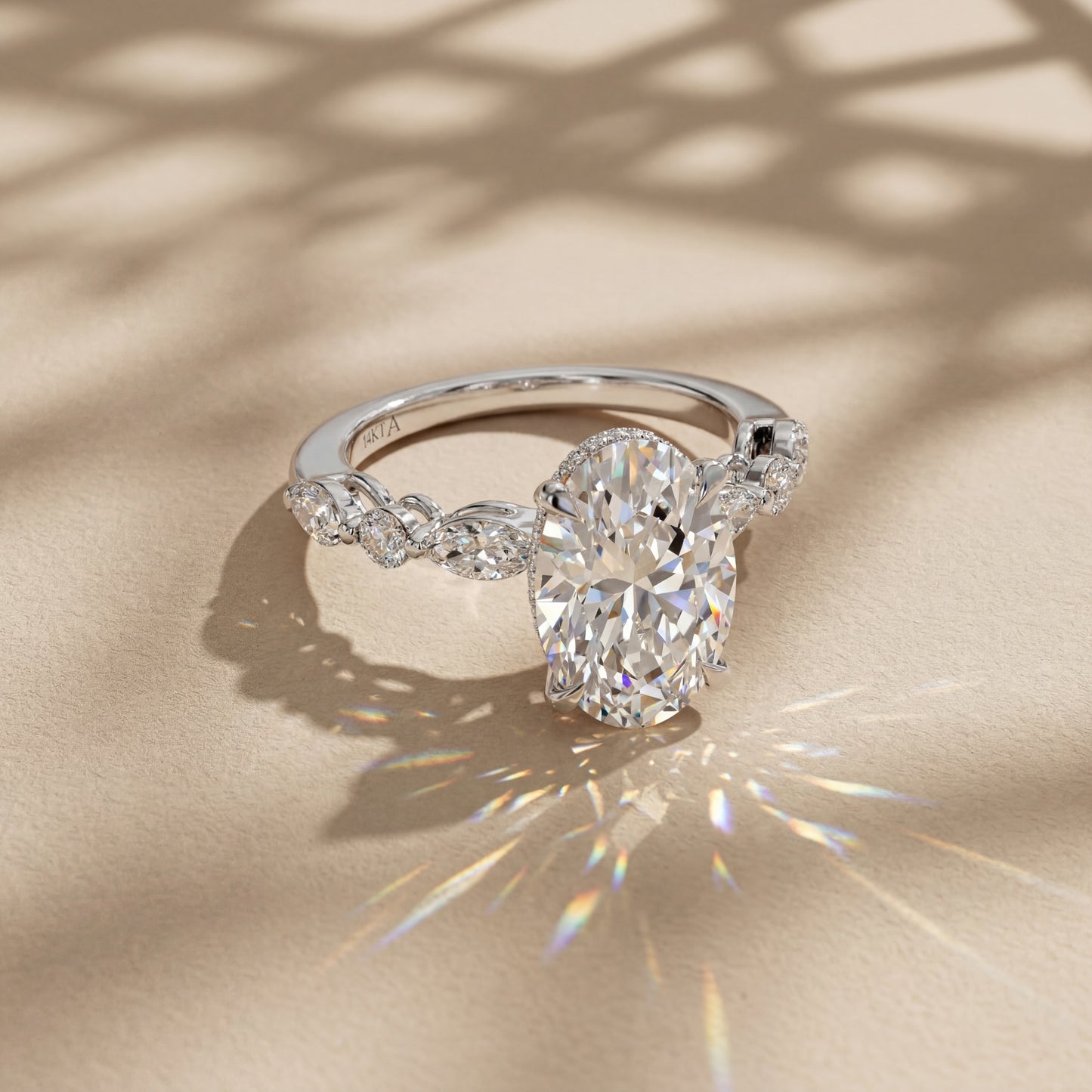 14K White Gold Oval Lab-Grown Diamond Engagement Ring with Side Stones (3.95CT)