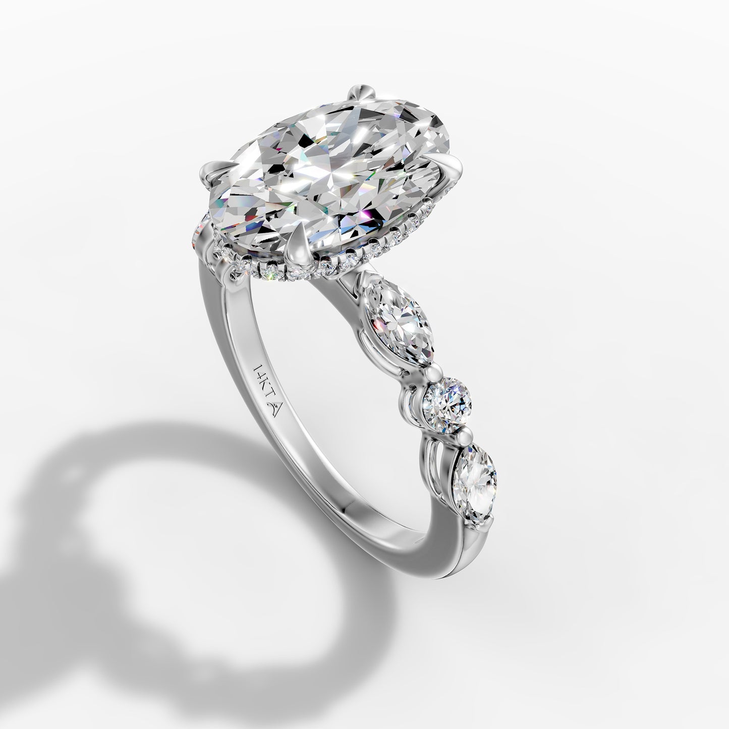 14K White Gold Oval Lab-Grown Diamond Engagement Ring with Side Stones (3.95CT)