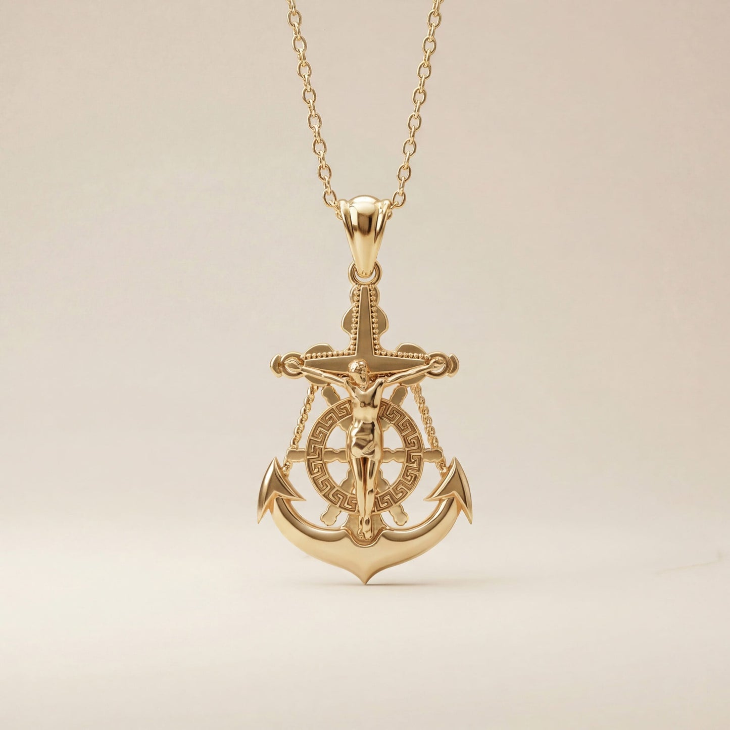 14K Yellow Gold Mariner's Crucifix Anchor Cross Pendant