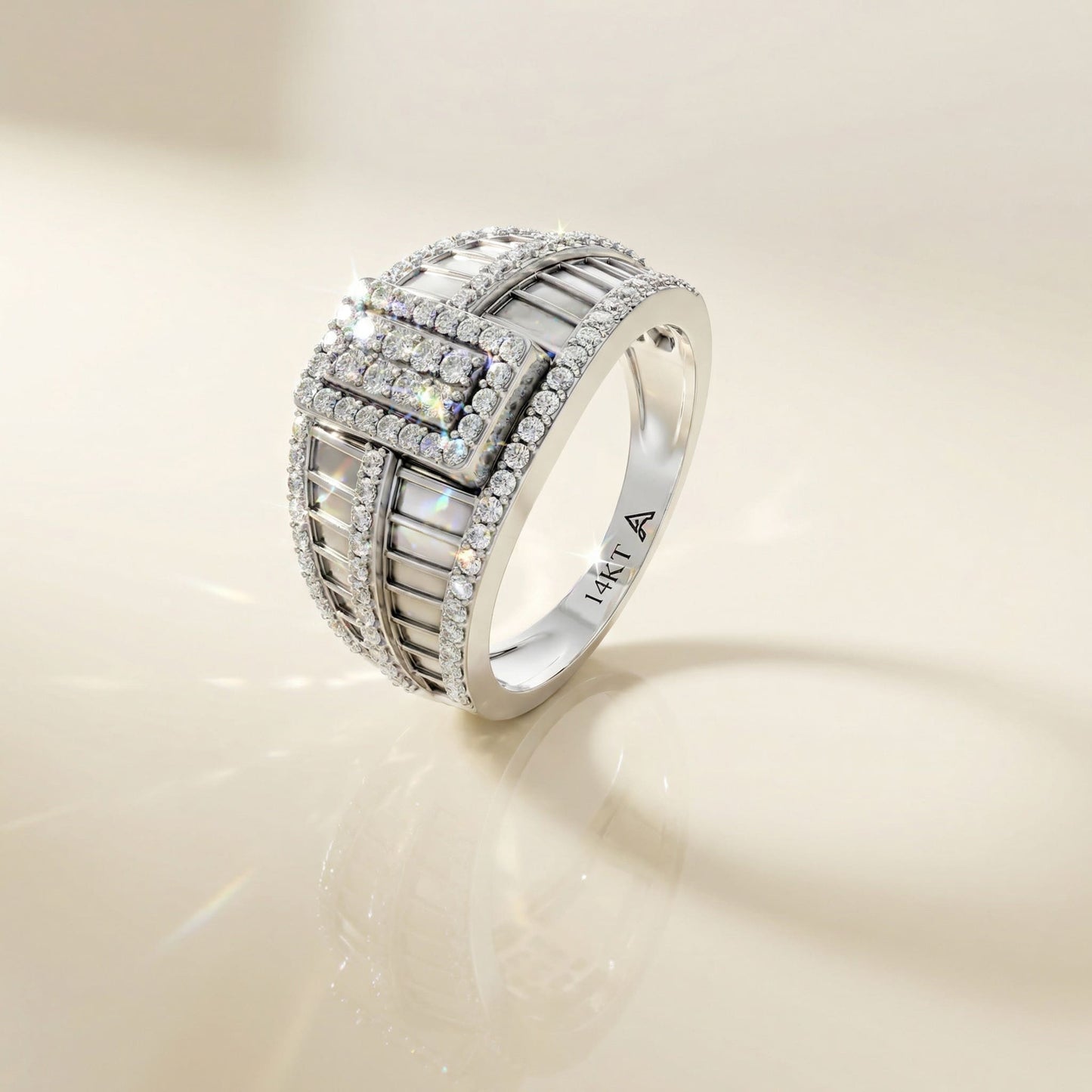14K White Gold and Natural Diamonds Rectangular Pavé Statement Ring
