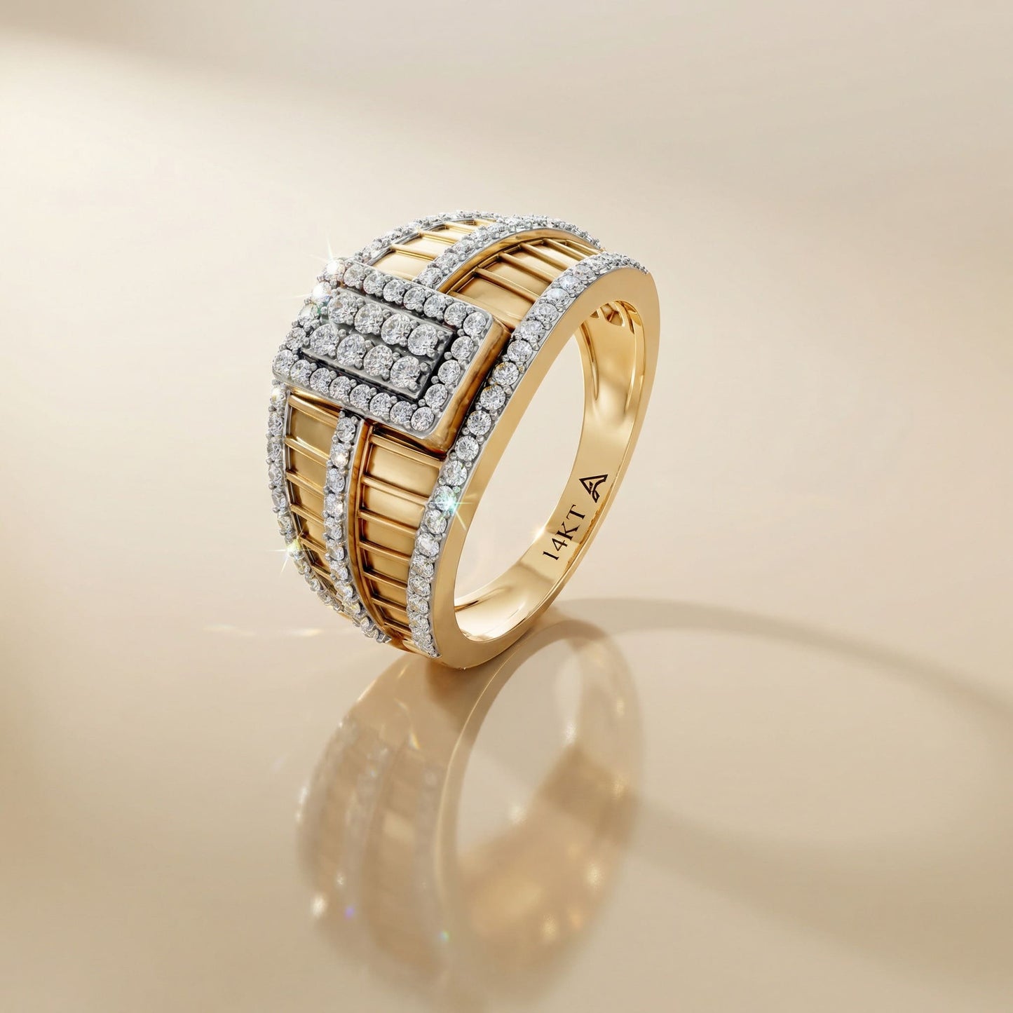 14K Yellow Gold and Natural Diamonds Rectangular Pavé Statement Ring