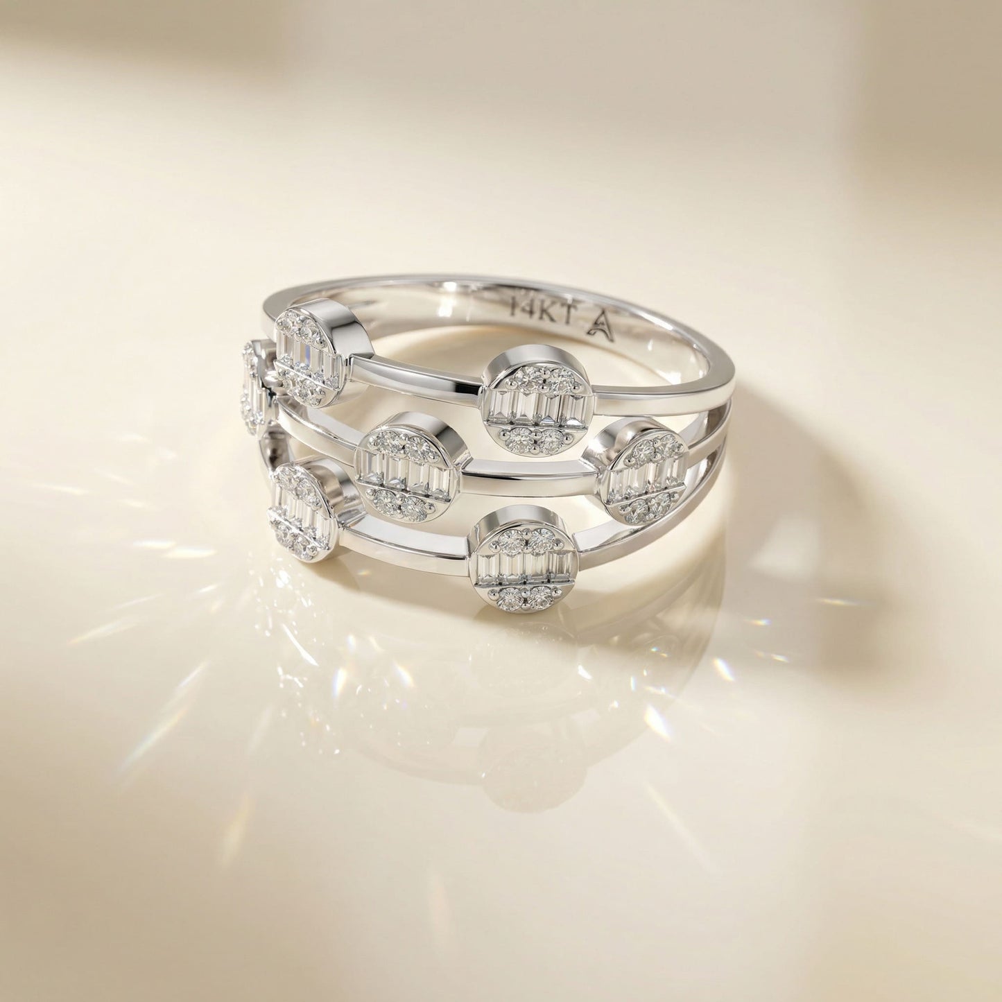 14K White Gold Baguette & Round Natural Diamonds Ring