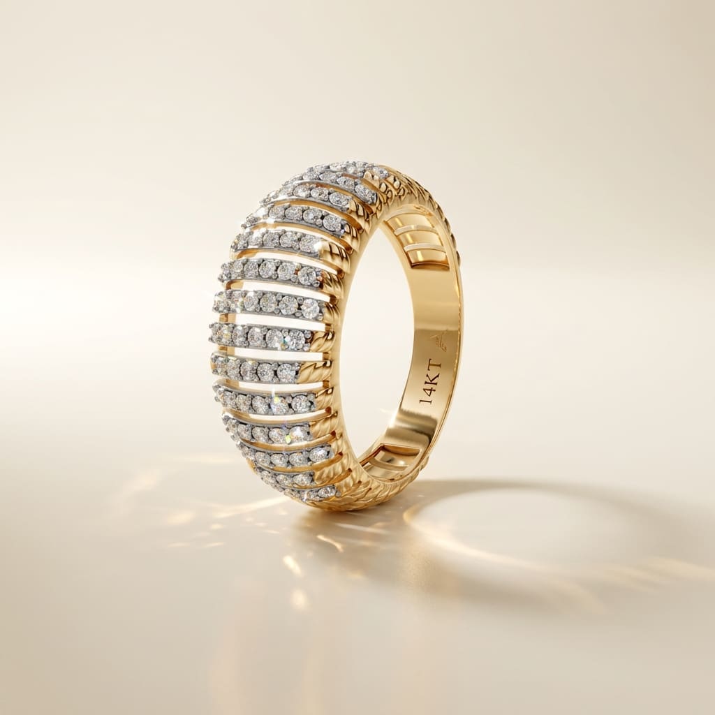 14K Yellow Gold Pavé Natural Diamonds Ribbed Dome Ring
