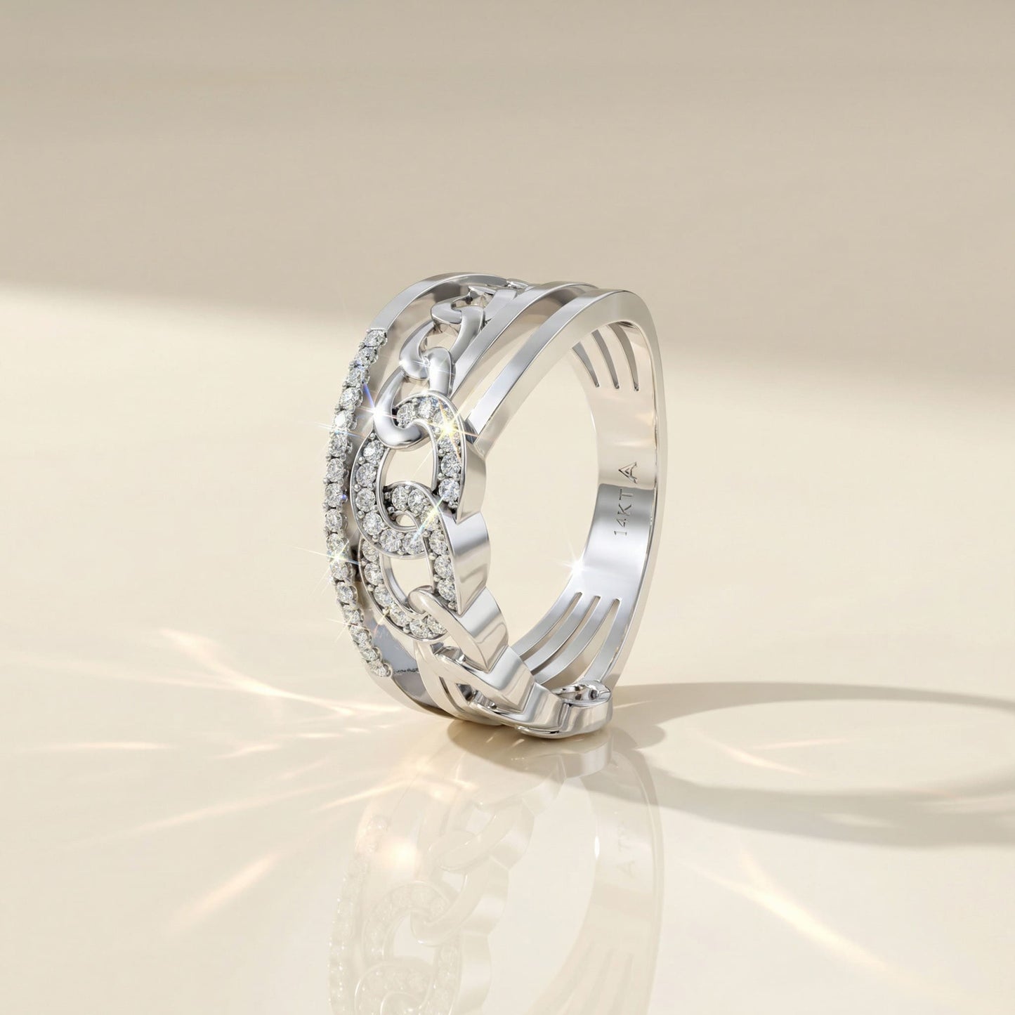 14K White Gold Pavé Natural Diamonds Chain-Link Ring