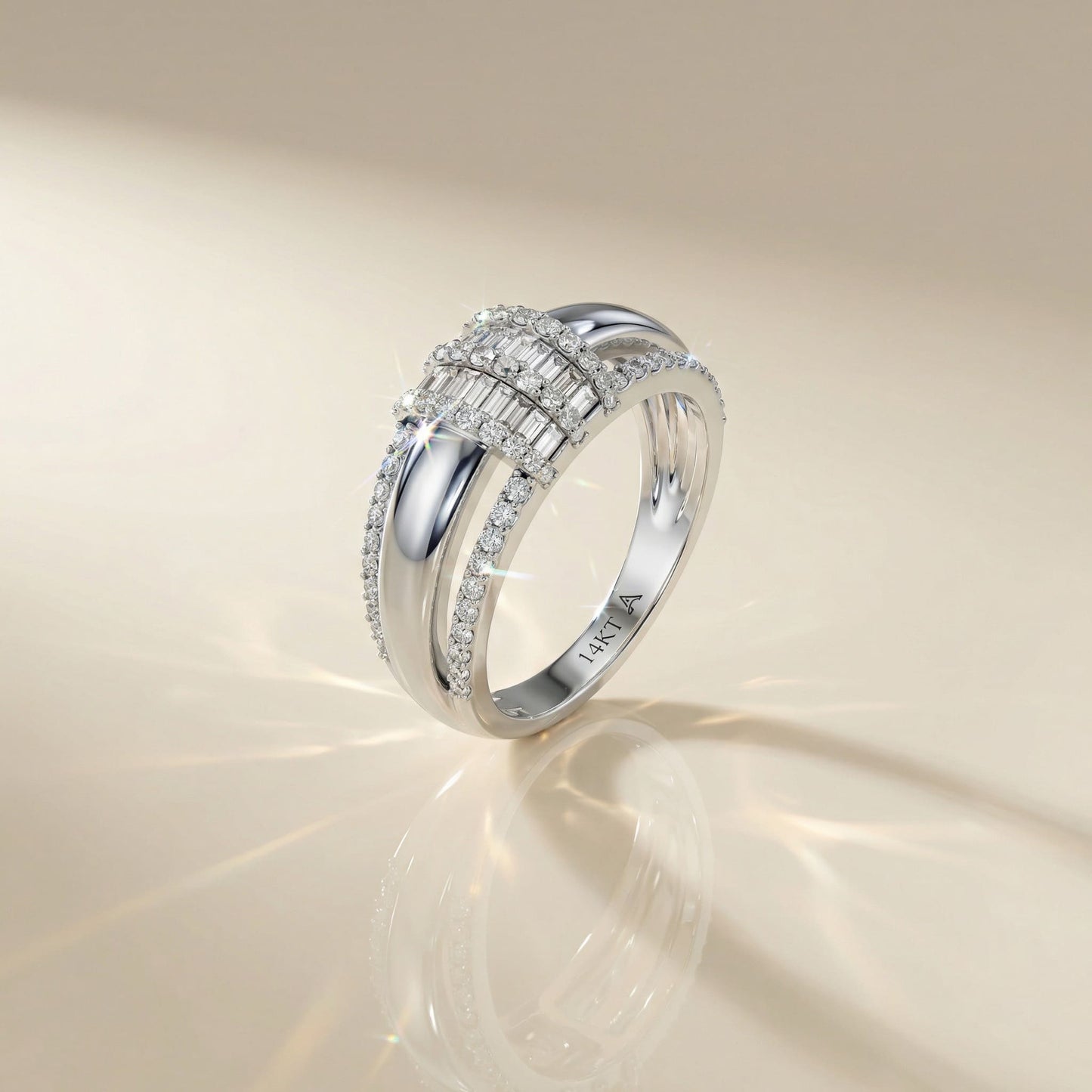 14K White Gold Baguette & Round-Cut Natural Diamonds Bold Statement Ring