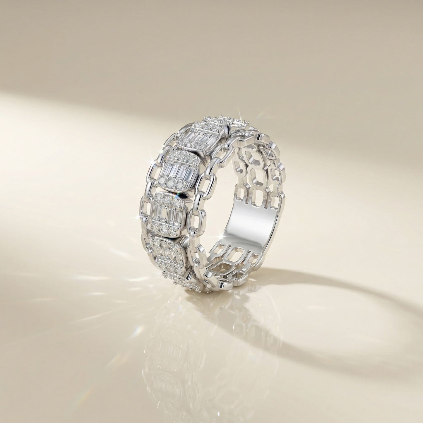 14K White Gold Natural Diamonds Chain-Link Baguette Statement Ring