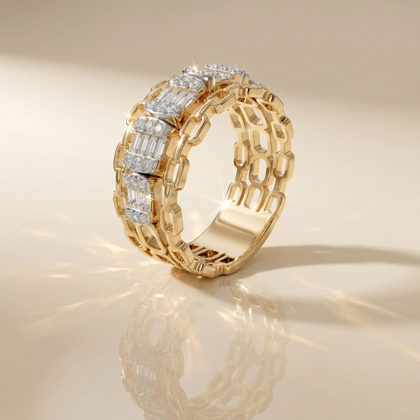 14K Yellow Gold Natural Diamonds Chain-Link Baguette Statement Ring
