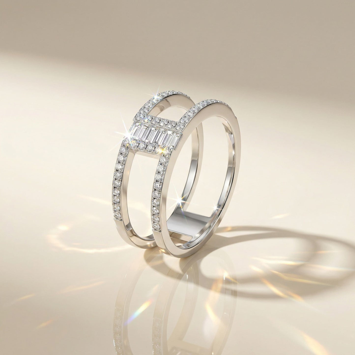 14K White Gold Baguette & Round-Cut Natural Diamonds Minimalist Ring