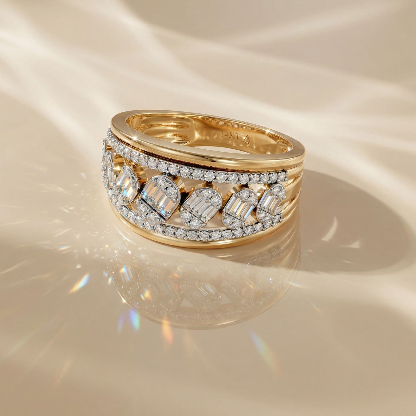 14K Yellow Gold Natural Diamonds Baguette and Round-Cut Statement Ring