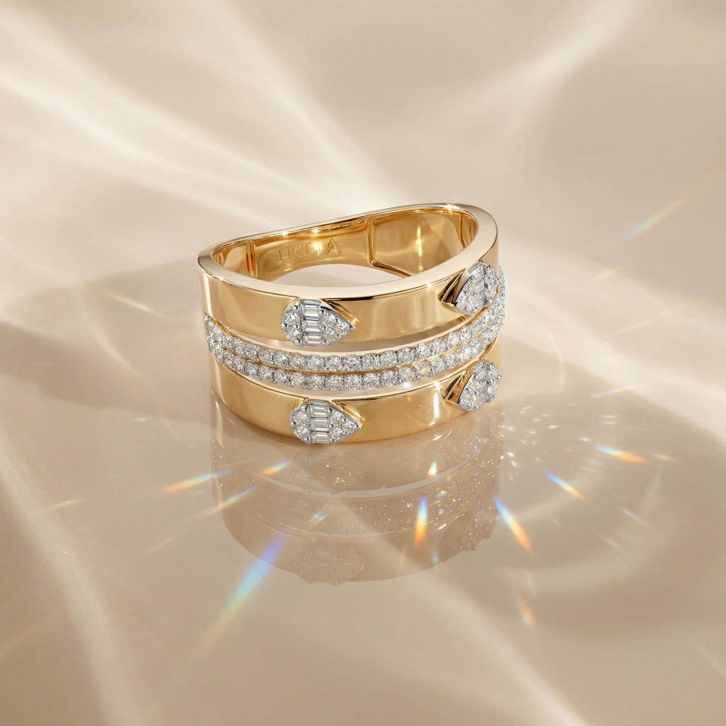 14K Yellow Gold Natural Diamonds Baguette and Pavé Statement Ring
