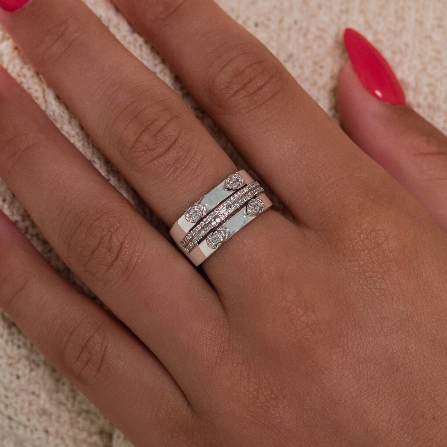 14K White Gold Natural Diamonds Baguette and Pavé Statement Ring