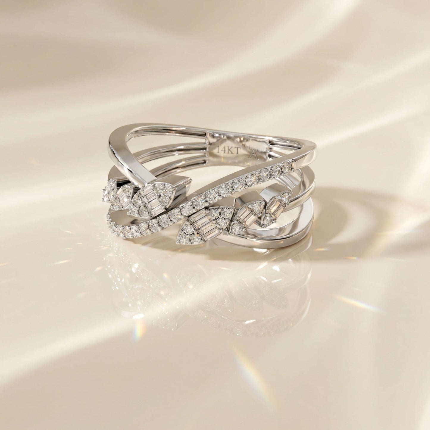 14K White Gold Natural Diamonds Twisted Leaf Baguette Ring