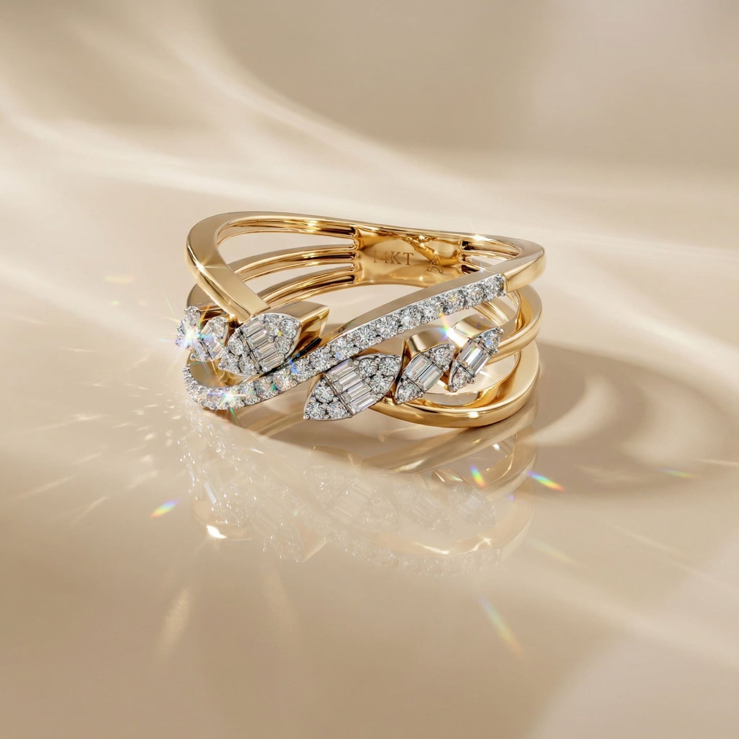 14K Yellow Gold Natural Diamonds Twisted Leaf Baguette Ring