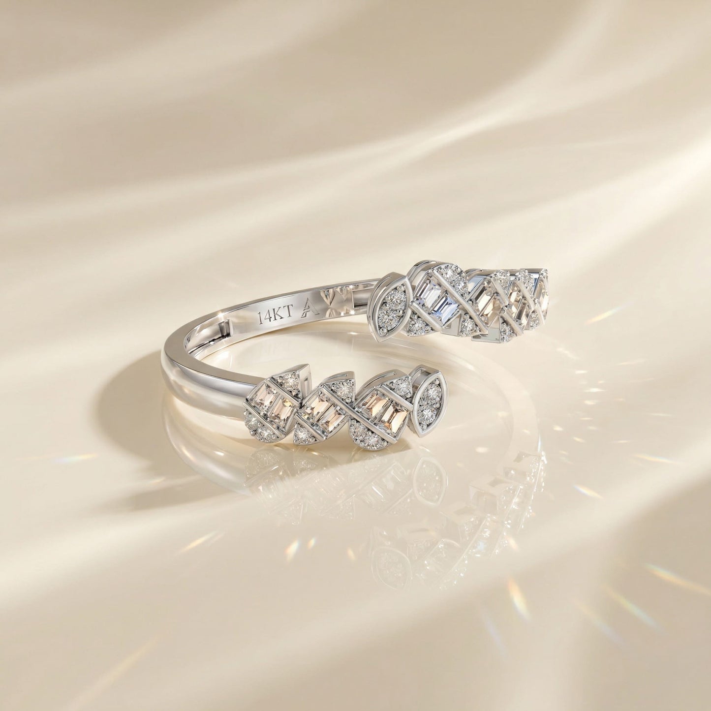 14K White Gold Natural Diamonds Open Leaf Baguette Ring
