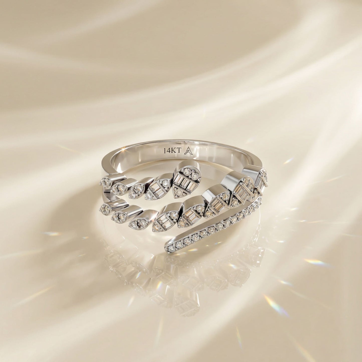 14K White Gold Natural Diamonds Twisted Leaf Ring