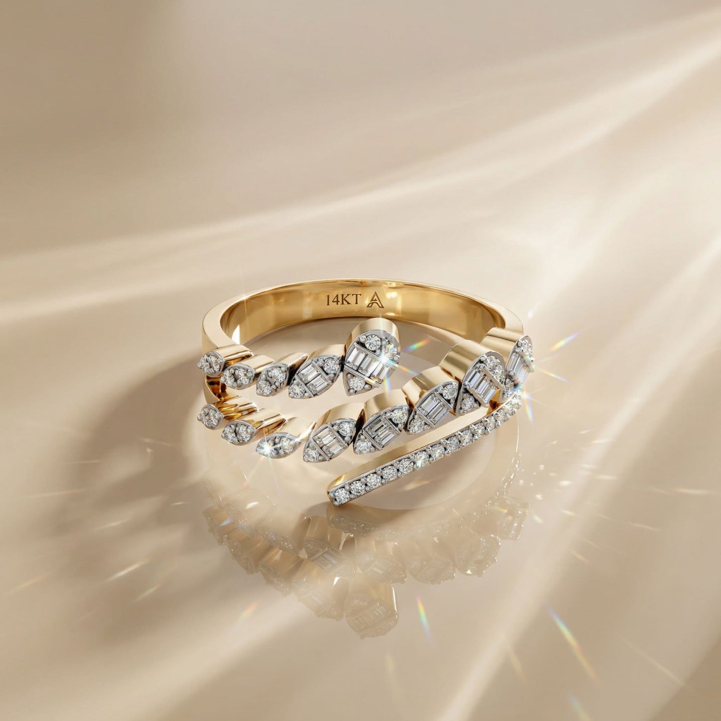14K Yellow Gold Natural Diamonds Twisted Leaf Ring