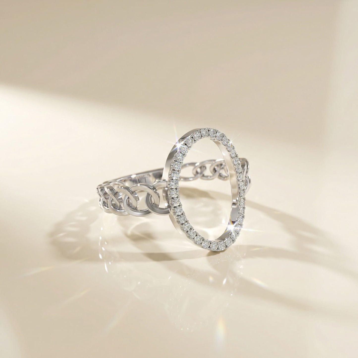 14K White Gold Natural Diamonds Open Oval Chain Ring