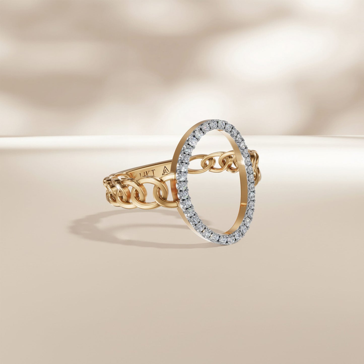 14K Yellow Gold Natural Diamonds Open Oval Chain Ring
