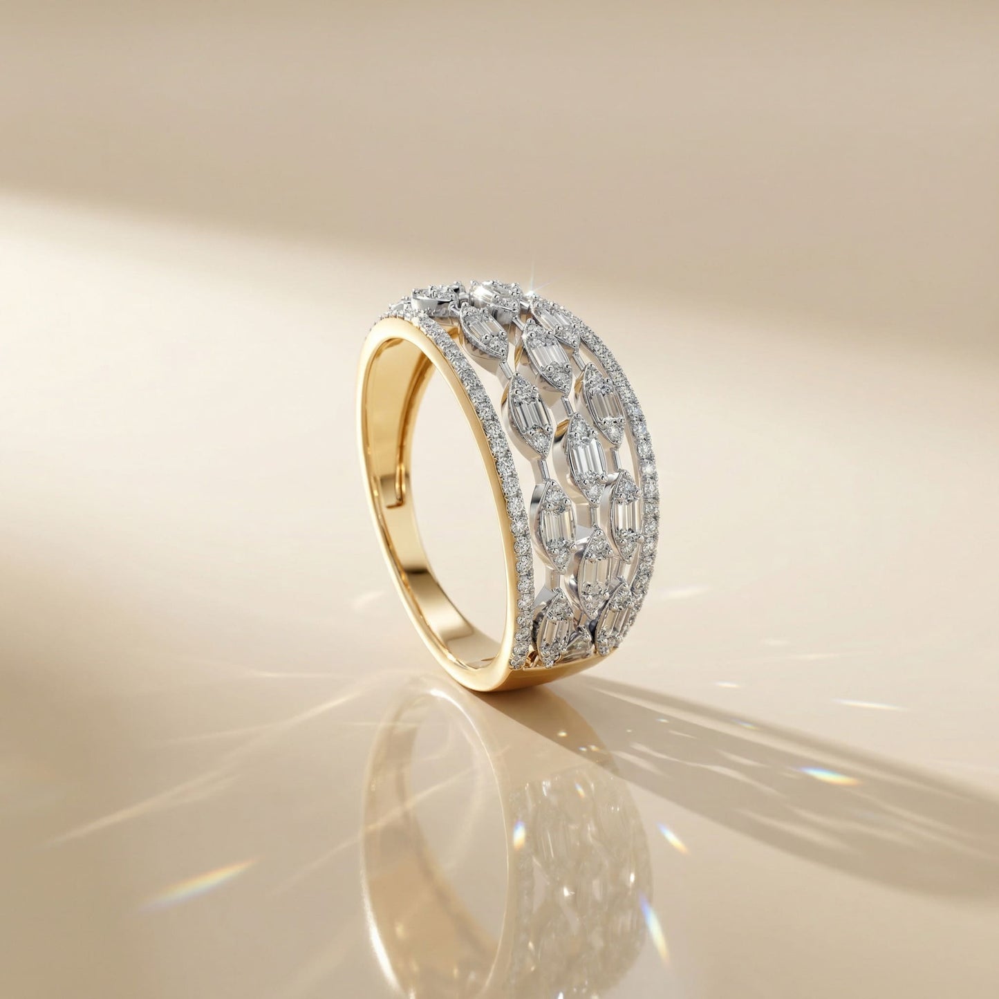 14K Yellow Gold Baguette & Round Natural Diamonds Ring