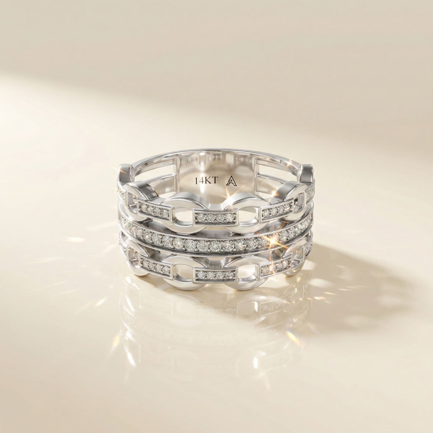 14K White Gold Natural Diamonds Link Statement Ring