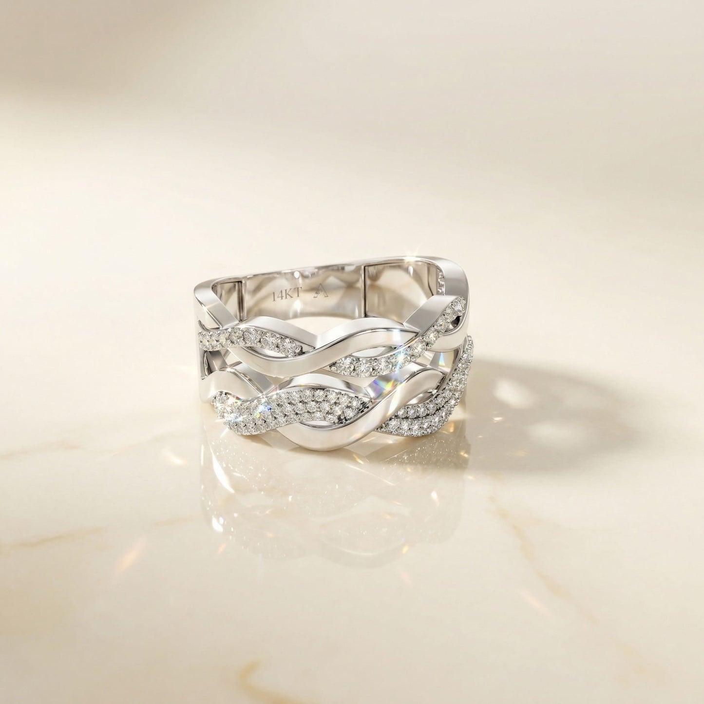 14K White Gold Natural Diamonds Intertwined Wave Ring