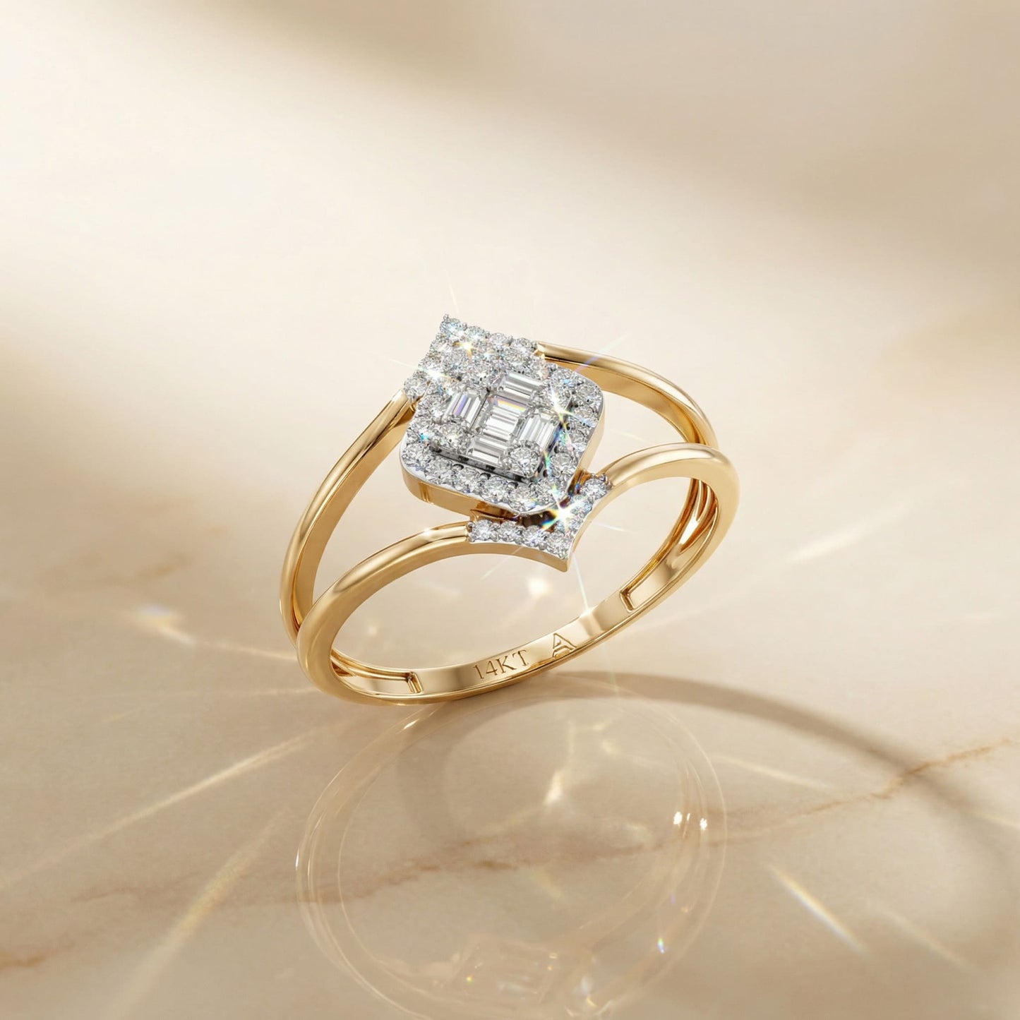 14K Yellow Gold Baguette & Round-Cut Natural Diamonds Geometric Ring