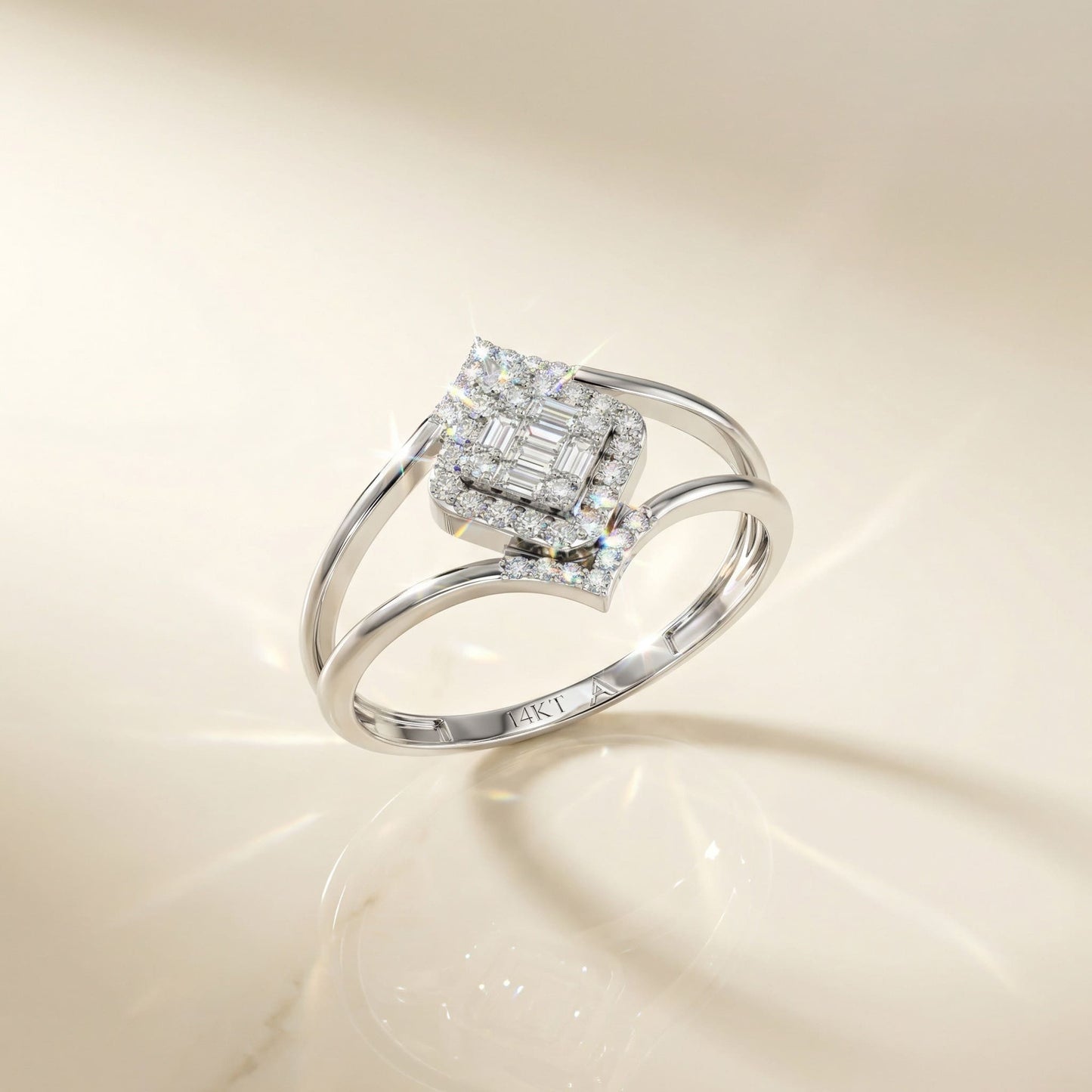 14K White Gold Baguette & Round-Cut Natural Diamonds Geometric Ring